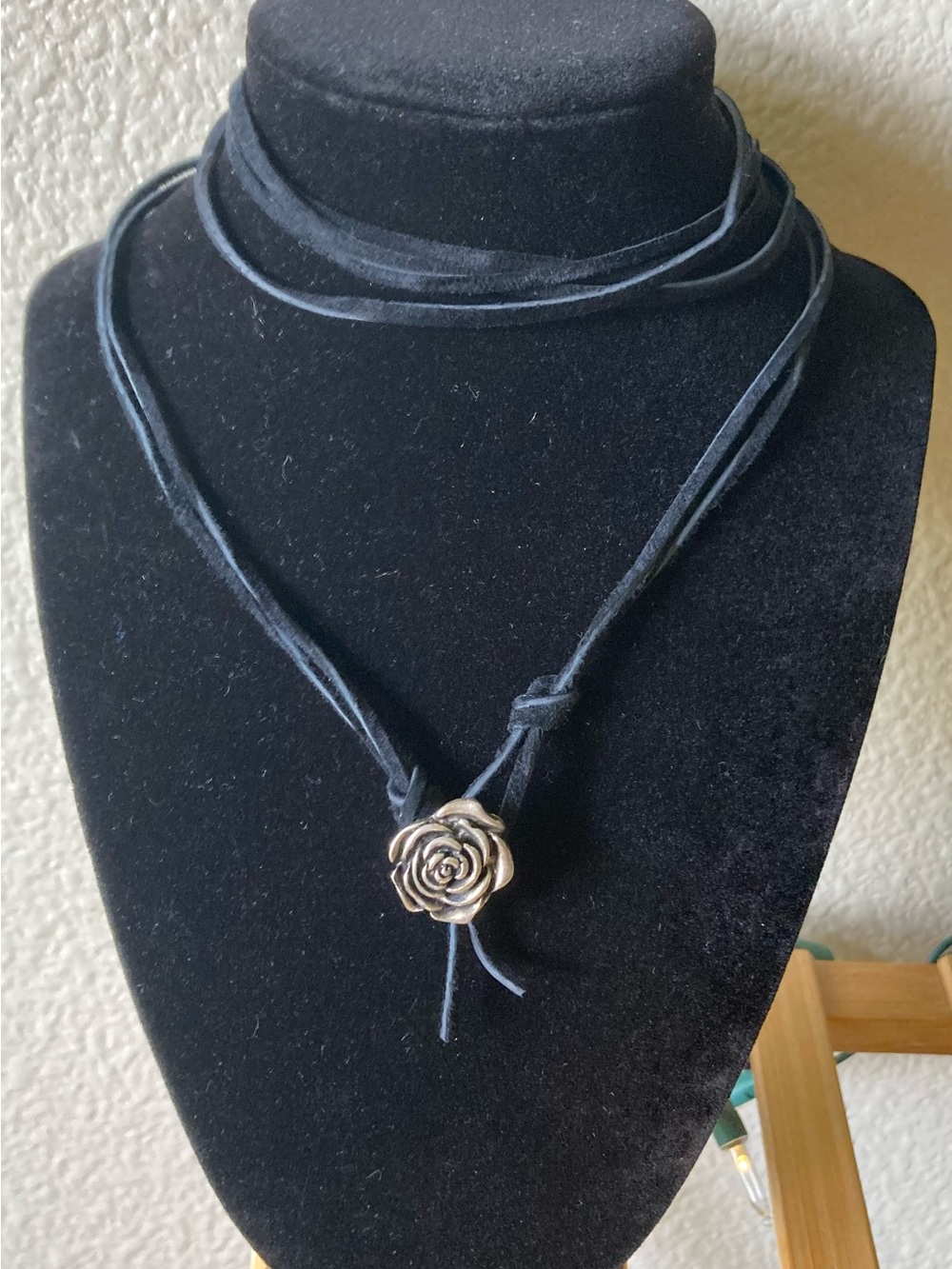 Handmade Black Suede Rose Pendant Wrap Necklace